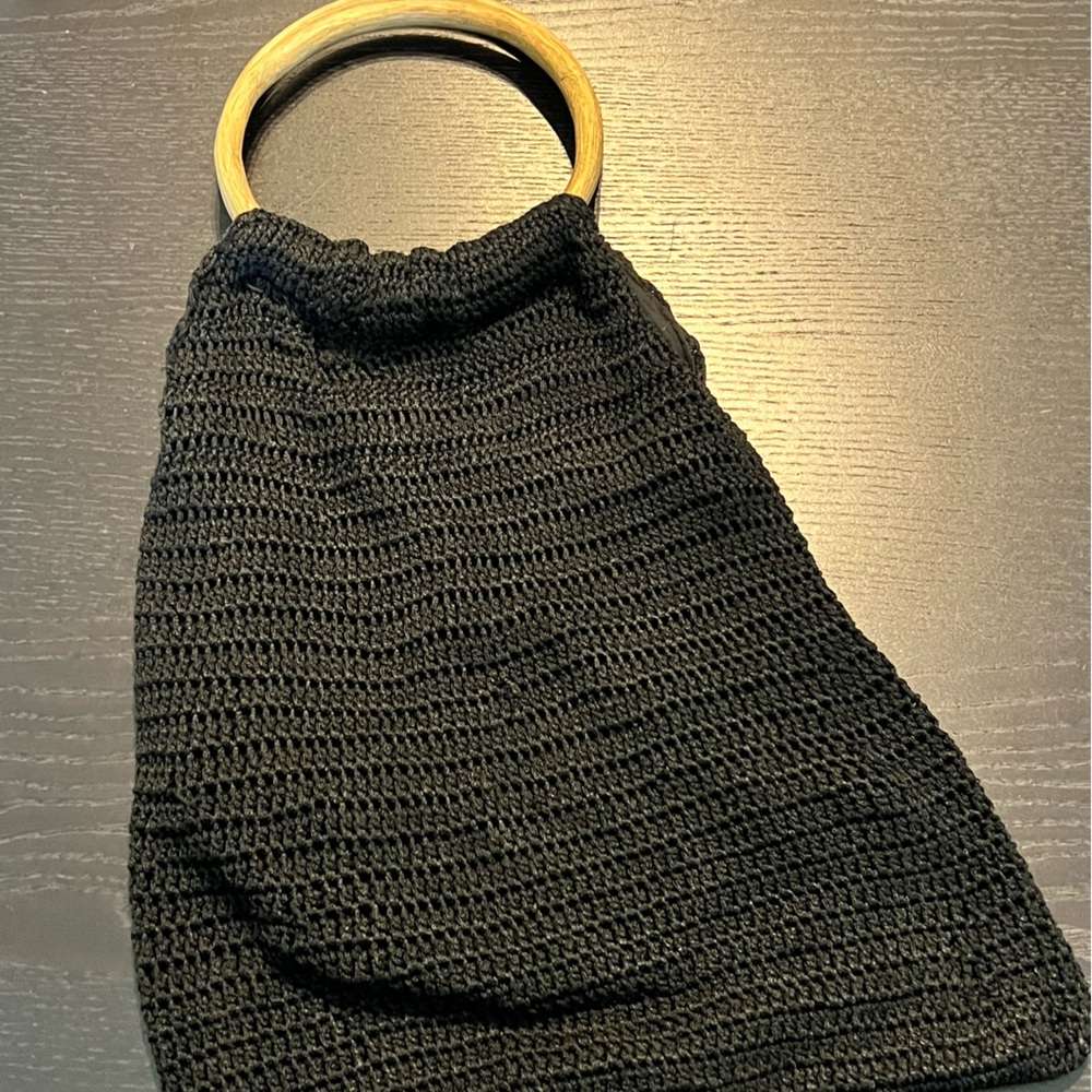 Vintage Black Knit Purse with Bamboo Ring Handle